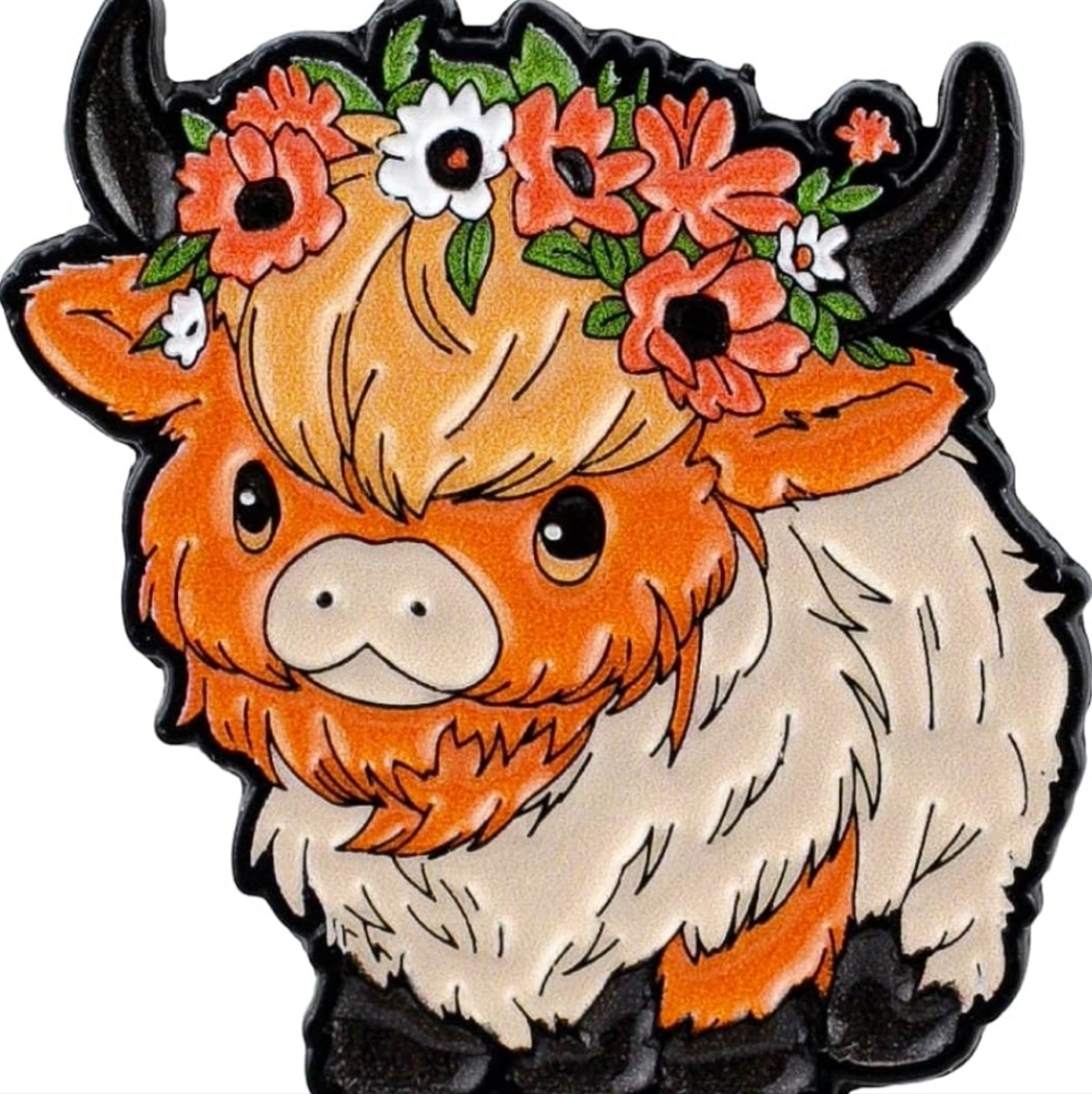 Floral Highland Cow Enamel Pin